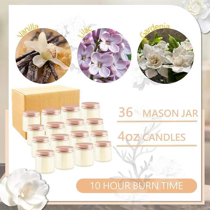 ACITHGL 36 Pcs 4oz Mini Mason Jar Candles Small Scented Candles Bulk Aromatherapy Ideal Souvenir Favors for Wedding Birthday Party (Vanilla, Lilac, Gardenia, Pink)