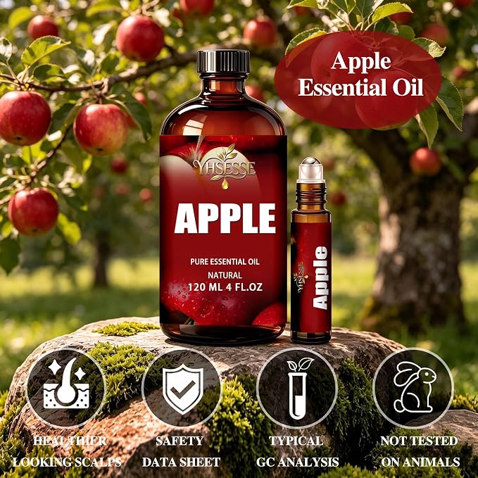 Apple Essential Oil, Apple Oil 4 Fl Oz 120ml for Diffuser Yoga Soap & Candle Making – with 0.33 Oz Roller Ball & Dropper YHSESSE Essential Oils