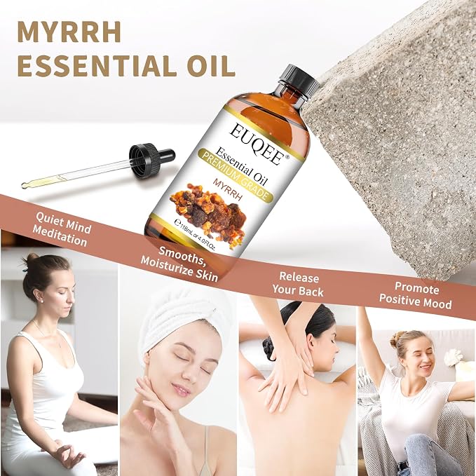 EUQEE Myrrh Essential Oil, Premium Myrrh Oil with Glass Dropper for Aromatherapy, Diffuser, Soap Candle Making - 4 Fl oz/ 118ML