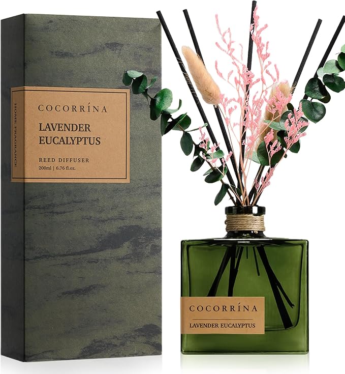 COCORRÍNA Reed Diffuser, 6.76 oz Lavender Eucalyptus Scent Reed Diffuser with 6 Sticks & Dried Flowers, Long Lasting Elegant Fragrance Home Décor for Bathroom Bedroom Office