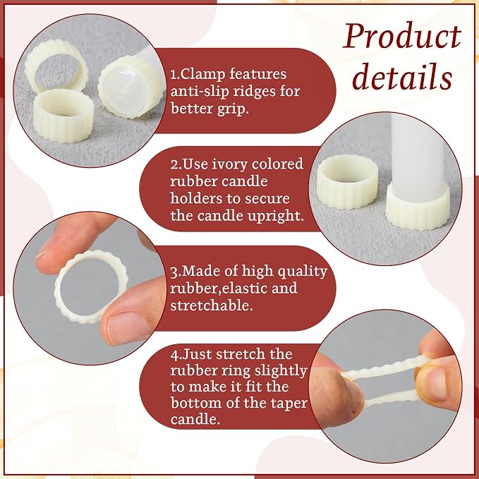 12pcs Silicone Rubber Candle Grippers - Non-Slip Adapter Hugger Rings for Taper Candles, Holders & Cups, Drip Protector to Keep Bougie Upright for Tapers and Candles