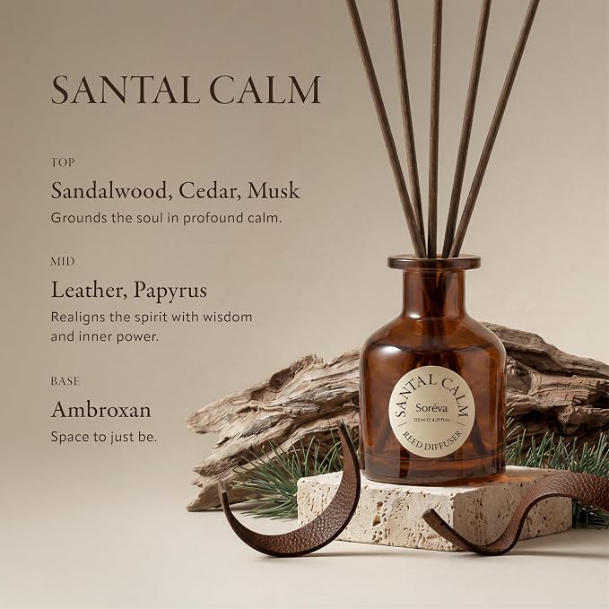 Soréva Luxury Reed Diffuser Set, Calm Sandalwood Cedar Musk, Plant-Based Essential Oils, 120 Days Mindful Aromatherapy Home Fragrance, Bedroom & Office, Gift Set, 7 Sticks, 4.39 fl oz