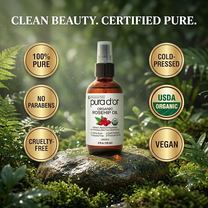 PURA D'OR ORGANIC Rosehip Seed Oil 100% Pure Cold Pressed USDA Certified For Hair, Skin, Scalp, Anti Aging Face & Body - Hexane Free Glass Bottle - 4 Oz - Hair Regrowth Tonic