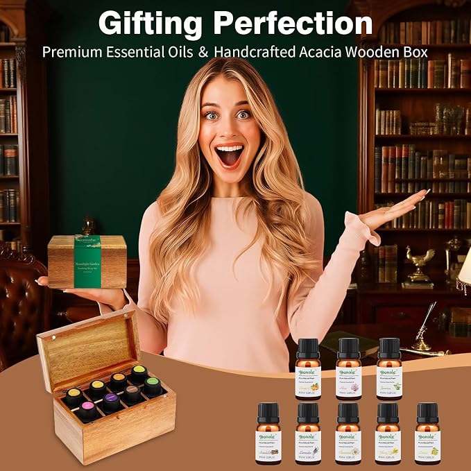 Essential Oils Set Acacia Wood Gift Box - Stress Relief Relax Soothe, Top 8 Aromatherapy Oils for Diffuser Hotel Scent Home Fragrance Candle Making - Chamomile, Lavender & More 10ml