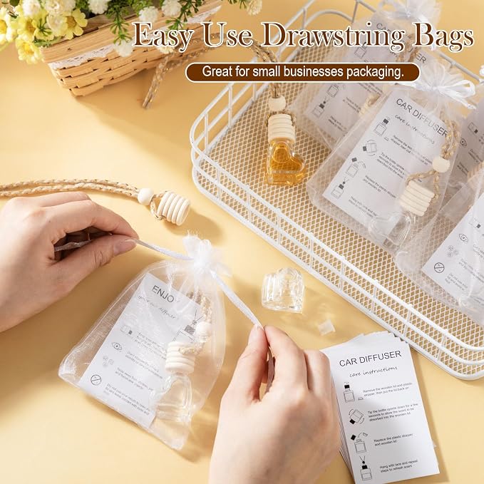 Boao 25 Sets Hanging Car Air Freshener Diffuser Bottles Empty Bulk with Car Diffuser Instruction Cards Organza Bags Glass Refillable Essential Oil Fragrance Aromatherapy Pendant (Heart,Clear)