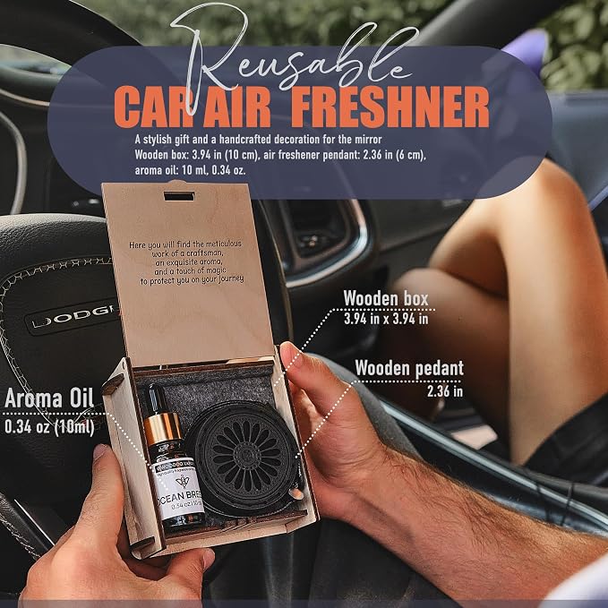Handmade Wood Car Air Freshener — Best Wheels Designed Refillable Essential Oil Diffuser — Long Lasting Ocean Breeze Fragrance Oil 10 ml — Car Accessories Gift Box