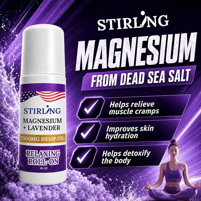 Stirling Lavender Roll On Lotion with Magnesium and Pure Hemp 1500mg – Fast Acting Muscle Relief, Calming Scent for Relaxation & Recovery, Natural Ingredients