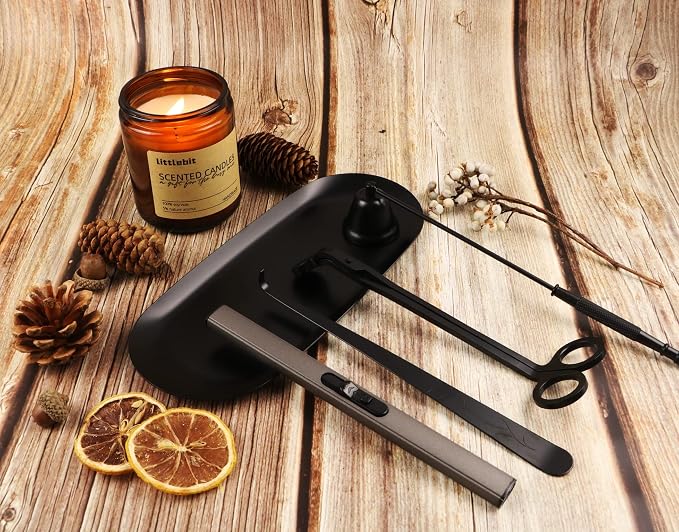 5IN1 Candle Accessory Set, Candle Wick Trimmer Cutter, Candle Snuffer & Candle Wick Dipper,Electric Lighter,Storage Tray Plat & Bag for Aromatherapy Candle Lover (Black)