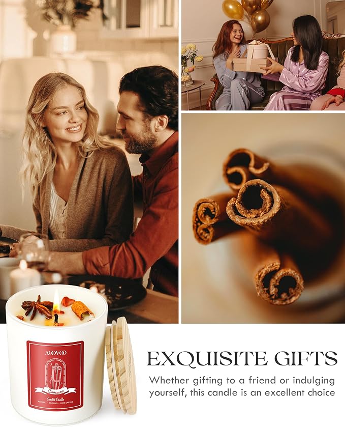 AOOVOO Apple Cinnamon Scented Candles for Women - Aromatherapy Candle with Crystals Inside, 10oz Soy Candles for Home Scented, Birthday Gifts Valentines Day Candle for Women Mom