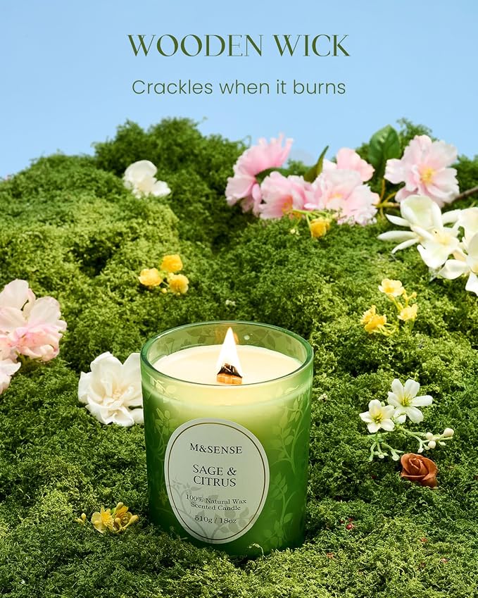 M&SENSE Sage Citrus Soy Candle, Cracking Wooden Wick 18oz | 100 Hours Long Lasting, Clean Burn, Winter Aromatherapy, Non-Toxic, Relaxing Gifts For Women