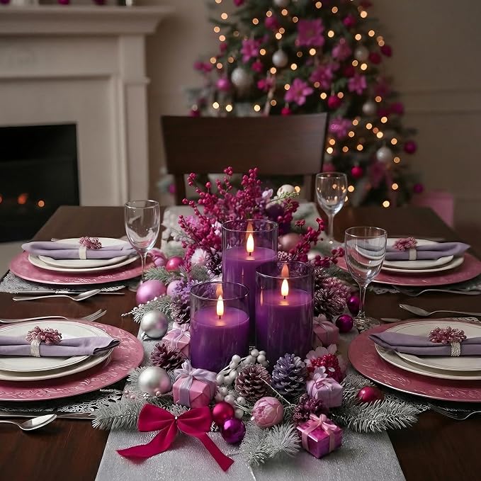 Homemory Purple Glass Flameless Candles, Battery Operated LED Pillar Candles with Remote Control and Timer, Radiance Candles, Real Wax, Set of 3,D3 xH4 5" 6"