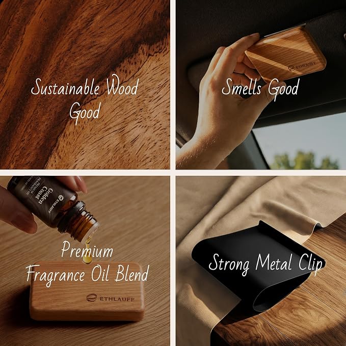 Car Air Freshener - Wood Air Freshener-Amber Blossom, Golden Coast,Sea Salt & Sage, Variety Scent Refill - Long Lasting Natural Car Fresheners - 1 Metal Clip & 3 Refill Oil Included