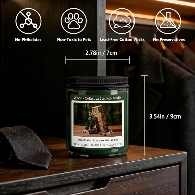 Homsolver Sandalwood Scented Candle, Natural Soy Candles with 50+ Hour Burn, 7oz Black Cedar & Sandalwood with Juniper Jar Candle, Woody Aroma for Home, Bedroom, Office, Calm and Grounded Fragrance