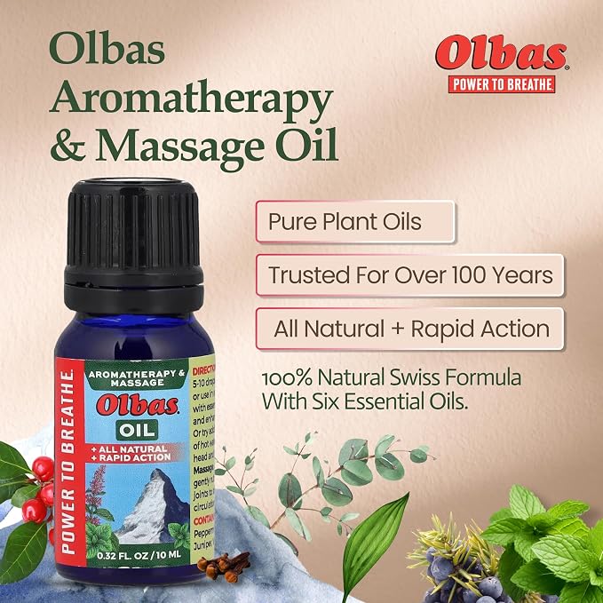 Olbas Massage and Aromatherapy Oil, 0.32 Fl Oz,Body Massage Oil, Swiss Herbal Remedies with Pure Essential Massage Oils for Muscle Relaxing and Soothing Comfort for Pain Relief