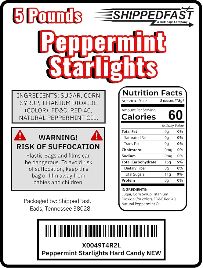 ShippedFast Peppermint Starlights Candy Mints. Real Peppermint Oil Infused Hard Candies, (5 Pound Bag)