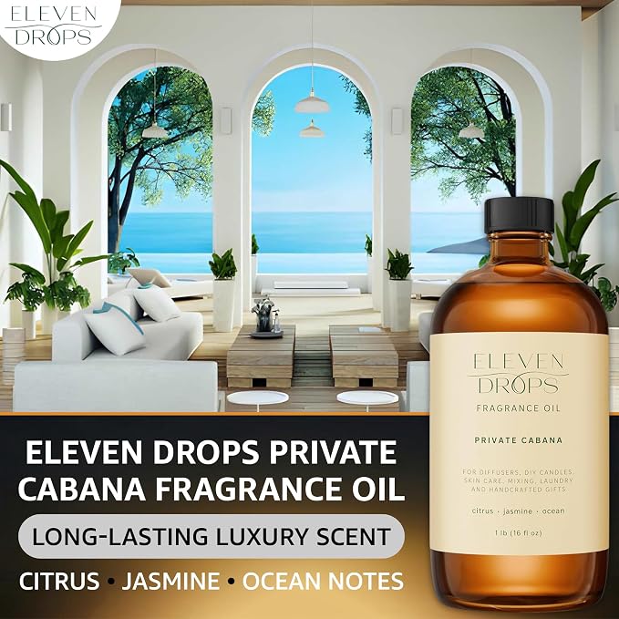 Private Cabana Fragrance Oil | Citrus, Jasmine & Ocean Notes | Long Lasting Scent Reed Diffuser Oil for Home, Office, Hotel, Spa, Car & Linen Spray | Pet Friendly IFRA Compliant, 16 oz