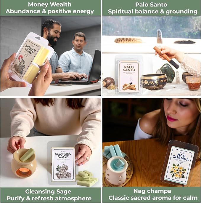 Scented Wax Melts Variety Pack Palo Santo|Cleansing Sage|Money Wealth|Nag Champa - Made With Non Toxic Soy Wax And Essential Oils - Long Lasting Strong Scent Pet Safe Candle Wax Cubes For Warmers