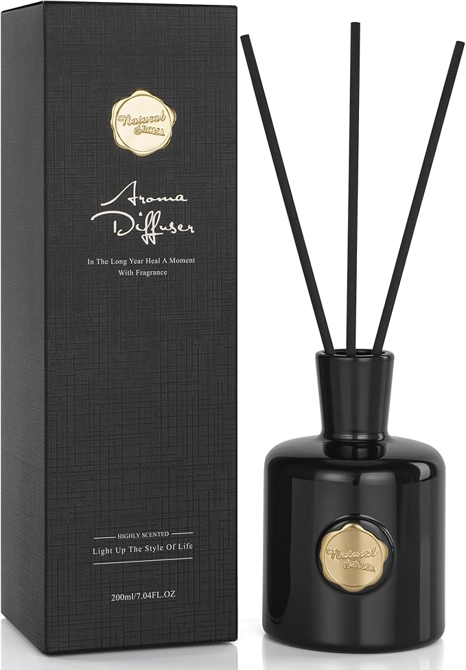 XEPTLE Amber Reed Diffuser for Home, Air Freshener, Woody Scent Diffuser with 5 Reeds for Bedroom Living Room Bathroom Décor, Orange Plum Rose with Honey Amber Vanilla & Sandalwood, 7.04oz, Black