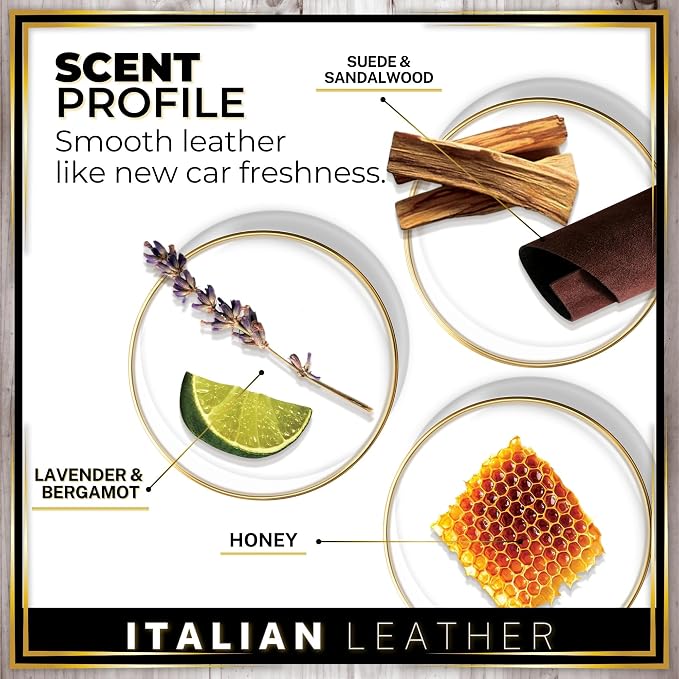 Urban Naturals Car Air Freshener Diffuser 1 Pack - Italian Leather Scent, 45+ Days Long Lasting Fragrance, Made in USA, Glass & Wood, Hanging Design + Vent Cip, Easy to Use