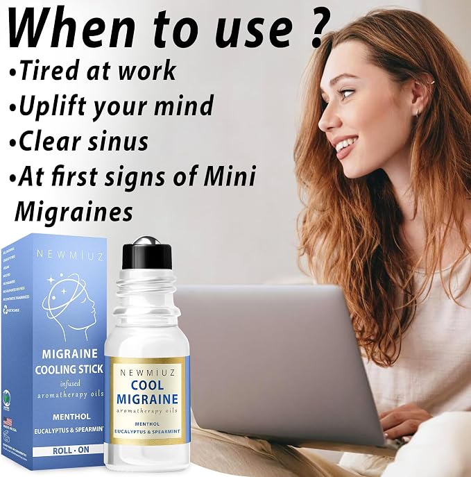 Cool Menthol Migraine Roll on Stick Natural Fast Cooling Peppermint Eucalyptus Aromatherapy Essential Oil for Headache Perfect Selfcare Gift Men Women