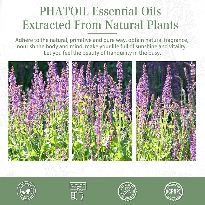 Clary Sage Essential Oil, 1.01Fl.Oz (30ML) PHATOIL Pure Essential Oil Singles for Aromatherapy Diffusers, Humidifiers, Great for DIY Candle and Soap Making, Gift for Friend