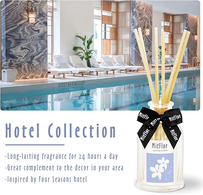 MitFlor Jasmine Mint Reed Diffuser, Inspired by Four Seasons, Hotel Home Diffuser Set with Sticks 3.4oz (100ml), Great for Living Room, Bedroom, Bathroom and More
