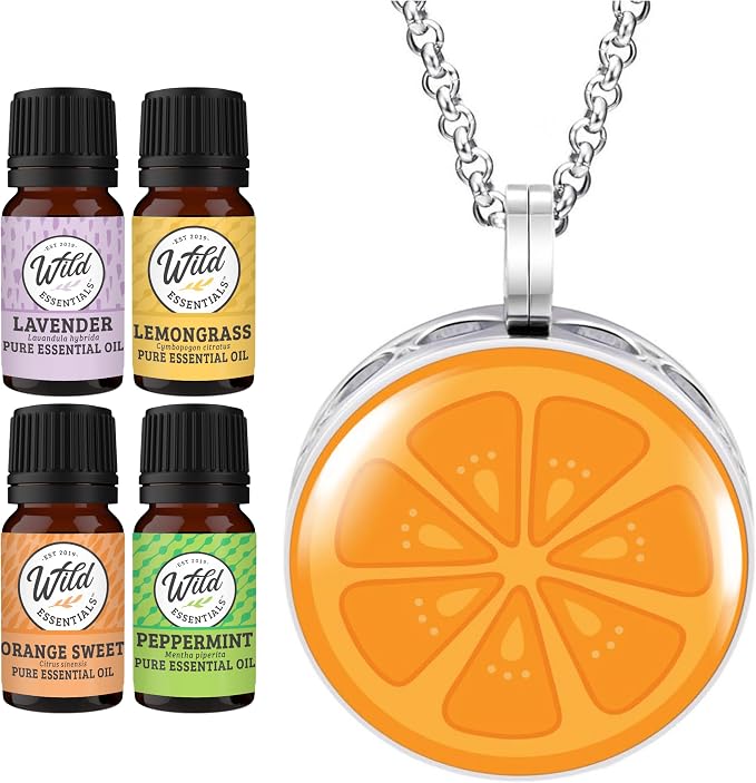 Wild Essentials Orange Slice Necklace Essential Oil Diffuser Kit, Lavender, Lemongrass, Peppermint, Orange Oils, 8 Refill Pads, Calming Aromatherapy Gift Set, Customizable, Perfume