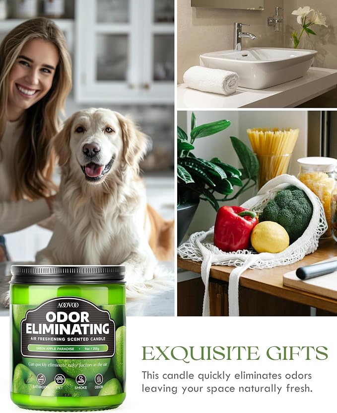 AOOVOO 4 Pack Green Apple Odor Eliminating Highly Fragranced Candle - Eliminates 95% of Pet, Smoke, Food, and Other Smells Quickly, Non Toxic Air Freshing Soy Candle