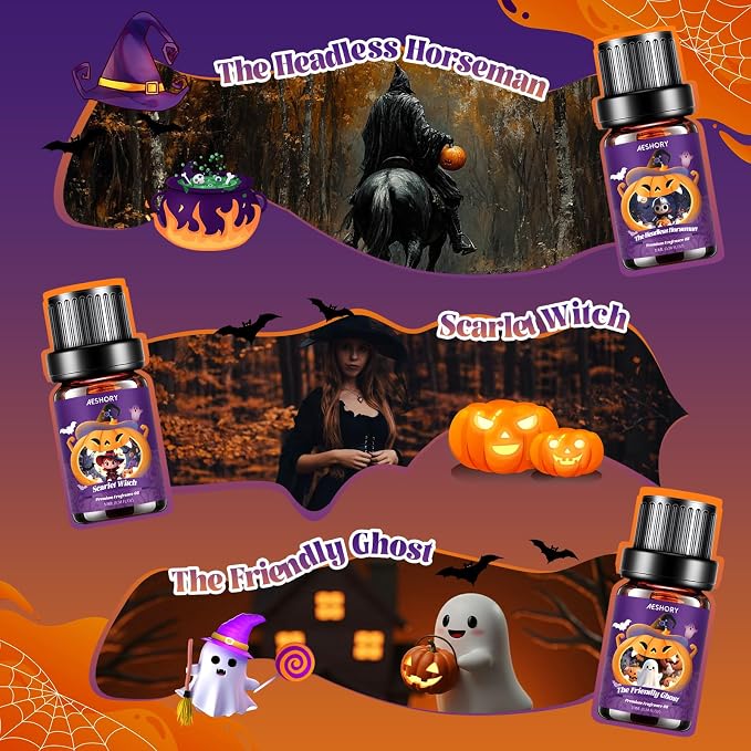 Halloween Fragrance Oil Set, Fall Essential Oils for Diffuser, Candle & Soap Scents, Trick or Treat, Zombie's Garden, Greepy Carnival, Headless Horseman, Scarlet Witch, Ghost Autumn Scented Oil Gift