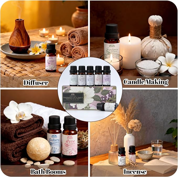 Essential Oils for Diffuser for Home and Hotel, Lavender, Jasmine, Rose, Chamomile, Sakura and Gardenia, Spring Premium Pure Flower Fragrance Essential Oil Set for Gifts-6×10ML