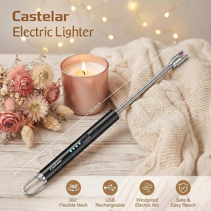 Castelar Electric Candle Lighter with Long Flexible Neck, USB Rechargeable Arc Lighter with Safety Lock for Candle, BBQ, Camping, Housewarming, and Birthday Gifts