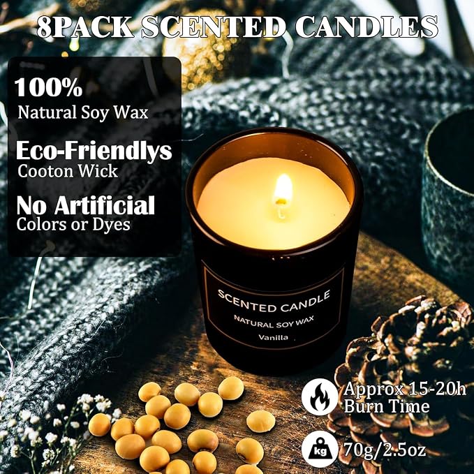Scented Candles Gifts for Women Men, 8 Pack 3 Oz Scented Candles for Home, Natural Soy Wax Strong Fragrance Long Lasting Aromatherapy Candles for Women Men, Gifts for Birthday