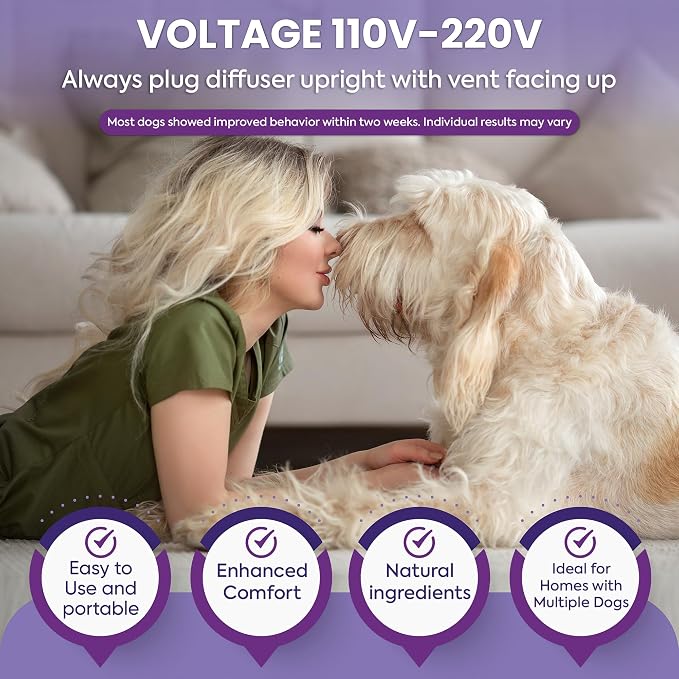 TopSum Calming Diffuser for Dog: Dog Pheromones Calming Diffuser Plug for Stress, Barking, Chewing, Pee Accidents & Separation Behaviors (Purple– 1 Diffuser+3 Refills)