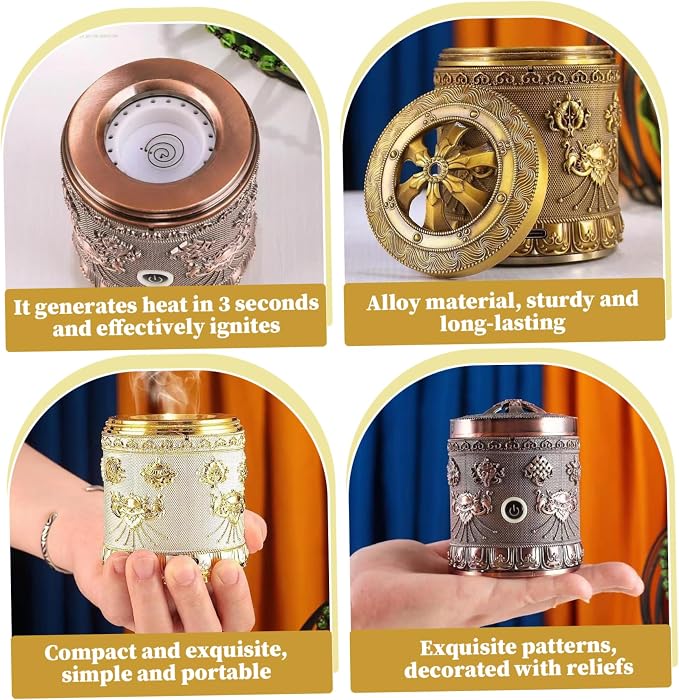 Electric Incense Burner Portable Vintage Electric Bakhoor Burner USB Rechargeable Golden Aromatherapy Diffuser for Car Home Office Yoga Tabletop 3x3.9 inch
