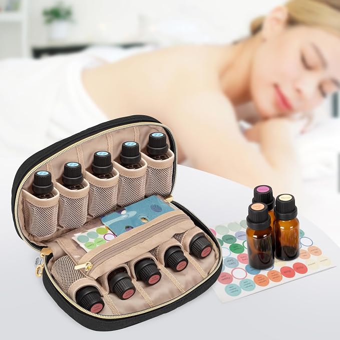 LUXJA Essential Oil Organizer -Holds 10 Bottles (5ml-15ml, Also Fits Roller Bottles), Travel Case for Essential Oils with Zipper Pockets (Bag Only), Black