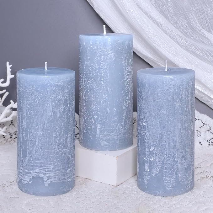 Ocean Scented Candles, Gray Blue Pillar Candles Set of 3 Tall in 3X6 Inch, Long Clean Burning Smokeless & Dripless Aromatherapy Candles for Home Decor