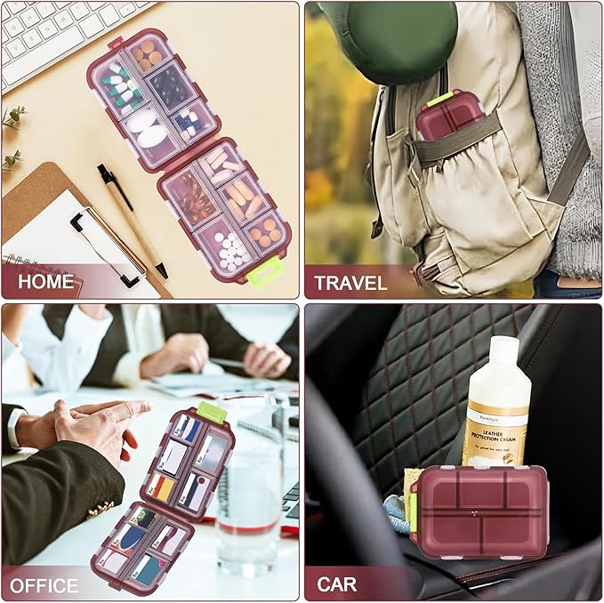 Medicine Pill Organizer with 189 Labels, 10 Compartments Travel Pill Box, Mini Case, Compact Container for Purse (Brown)