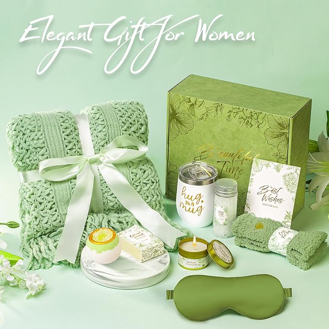 Gift Basket for Women, Self Care Set with Knitted Throw - Care Pkg - Green | for Women Mom Her Friend Sister Wife Grandma Fringe Blanket, Spa Bath Bombs Candle Soap Sea Salt, Birthday Get Well