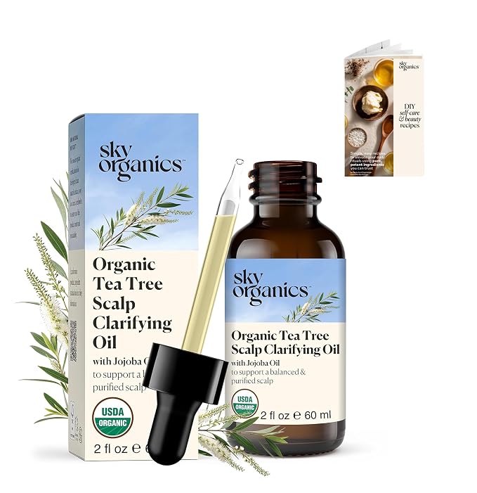 Sky Organics - Organic Tea Tree Scalp Clarifying Oil (2 fl oz/60 mL) Balanced & Purified Hair Oil for Scalp Dryness & Itchiness - Tea Tree, Jojoba, Peppermint - Vegan, Cruelty Free, DIY eBook included