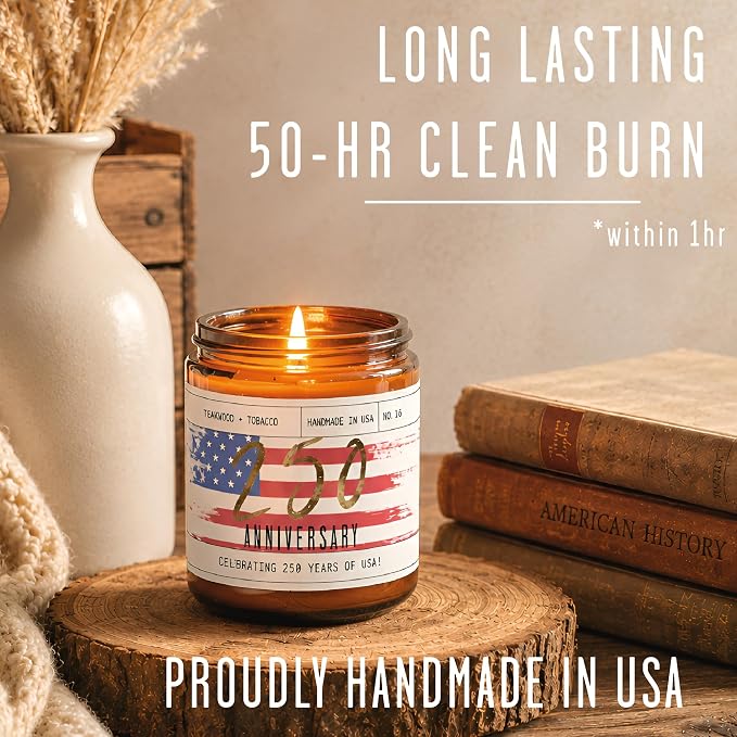 250 Anniversary USA Merchandise Women Patriotic Candles -w/Teakwood, Tobacco, Orange - 4th of July Candles Gifts for Women I Red White and Blue Candle I America 250 Merchandise I50Hr Burn Made in USA