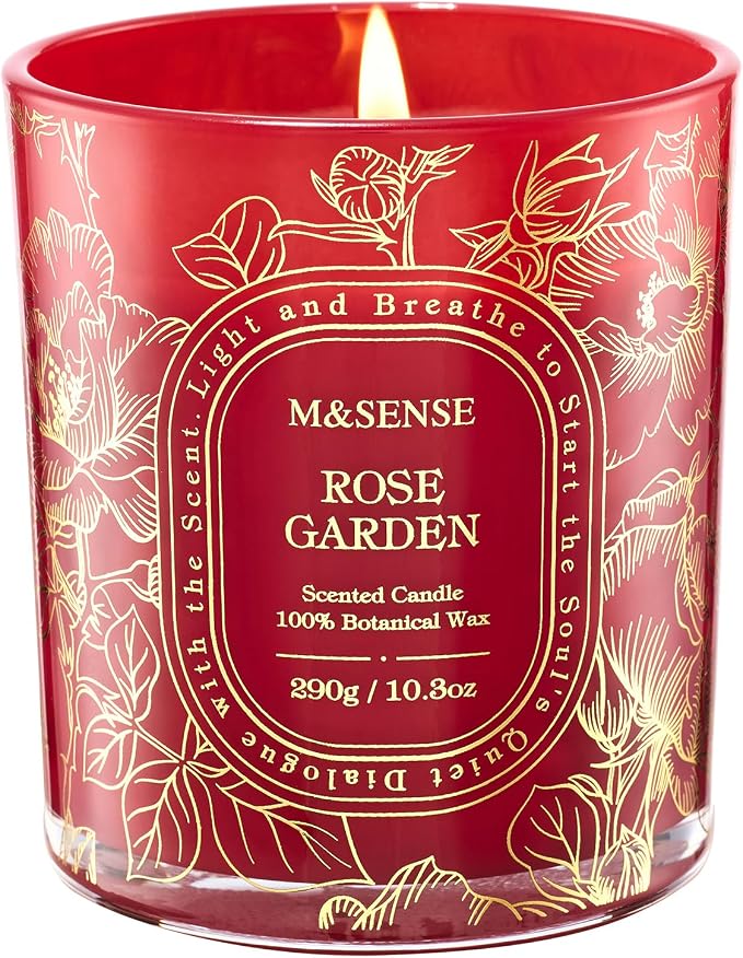 M&SENSE Rose Garden Soy Candle, Romantic Date Night Summer Gift | Fresh Cut Rose Scent, 55H Clean Soy Wax Slow Burning, Air Purifying Rooms, Reusable Vase Jar for Women's Table Centerpiece
