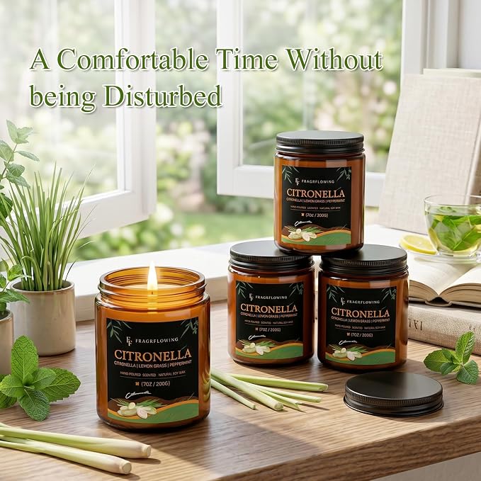 Citronella Candle, Indoor Outdoor Lemongrass Scented Candle，Natural Soy Wax Jar Candle, 50-Hour Burn Time, 7 oz