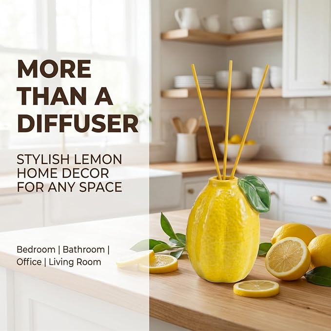 Lemon Scented Reed Diffuser Set – 6.76 fl oz (200ml) with Sticks, Creative Lemon-Shaped Ceramic Design for Home, Bedroom & Bathroom Decor, Long Lasting Aromatherapy Gift