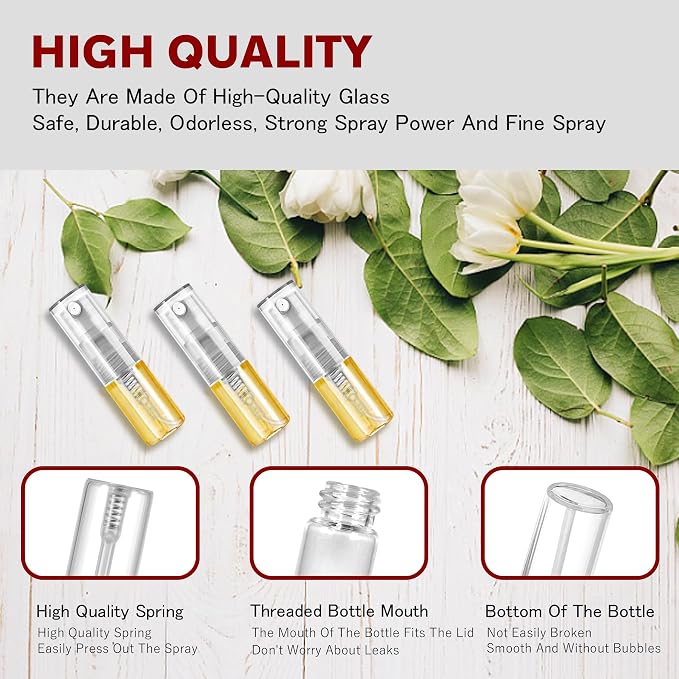 Mini Spray Bottle 2ml, Refillable Glass Spray Bottle, Glass Bottle Atomizer, Perfume Mouthwash Atomizer for Cleaning Refillable Container for Travel, Essential Oils, Perfume 60 Pcs, 2ml
