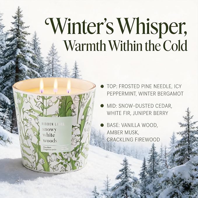 Hidden Label Snowy White Woods Candle, Giant 30oz 3 Wick Soy Candles Non Toxic, Scented Candle White Aromatherapy for Home, 100H Long Lasting Luxury Candles GIF
