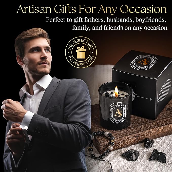 Scented Candle for Men with Luxurious Obsidian Bracelet, Teakwood for Home Scented, Hand-Poured Natural Soy Wax, Stress Relief Masculine Gift for Men, Dad, Boyrfriend, Powerful Manifestation Crystals