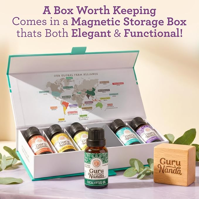 GuruNanda Essential Oils Set – 6 Pack (10mL Each), Lavender, Peppermint, Eucalyptus, Lemongrass, Grapefruit & Ylang Ylang, 100% Natural Aromatherapy Oils for Diffuser, Massage & DIY Candle Making