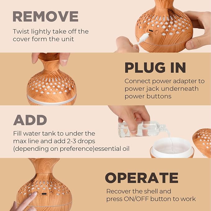 Mini Humidifier for Desk Bedroom Indoor Plant, 300ml Aromatherapy Diffuser Humidifier for Office Small Room, Quiet Colorful Night Light, Essential Oil Diffuser