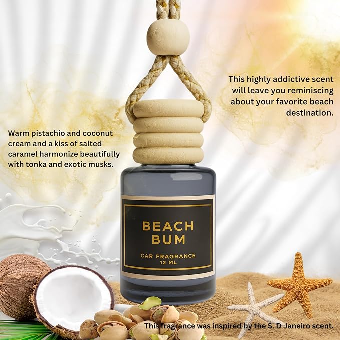 Beach Bum Scent - Long Lasting Car Hanging Diffuser - Lasts up to 60 Days - Warm Pistachio and Coconut Cream and a Kiss of Salted Caramel Harmonize Beautifully with Tonka and Exotic Musks