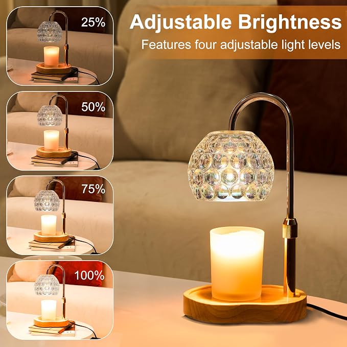 Candle Warmer Lamp with Timer Dimmable, Round Transparent Glass Wax Warmer Lamp with Iridescent Color Finish, Adjustable Height for Jar Candles, Birthday & House Warming Gift for Women